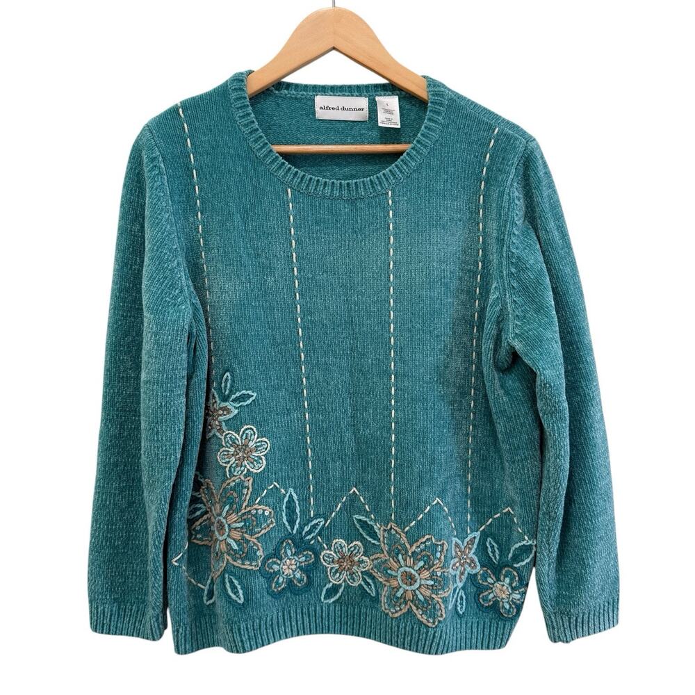 Vintage Alfred Dunner Teal Chenille Floral Embroidered Sweater Sz L Grannycore‎